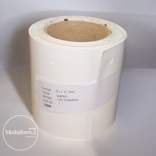 Hängeetiketten 63 x 32 mm weiß mit Loch und Blackmark