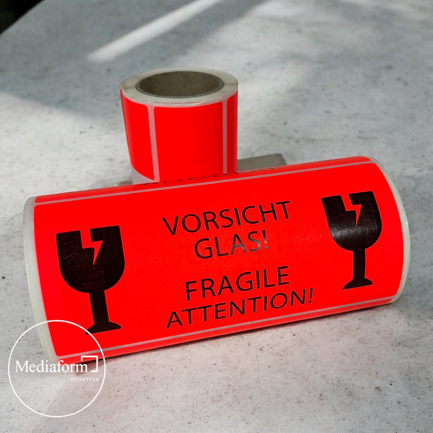 Etikett "Vorsicht Glas" 150x70mm neon rot