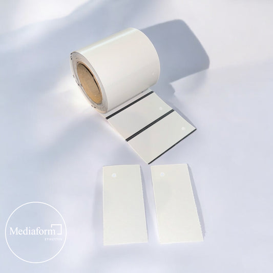 Hängeetiketten 63 x 32 mm weiß mit Loch und Blackmark